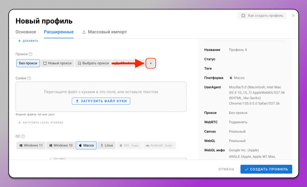 Подключение NodeMaven в Dolphin Anty