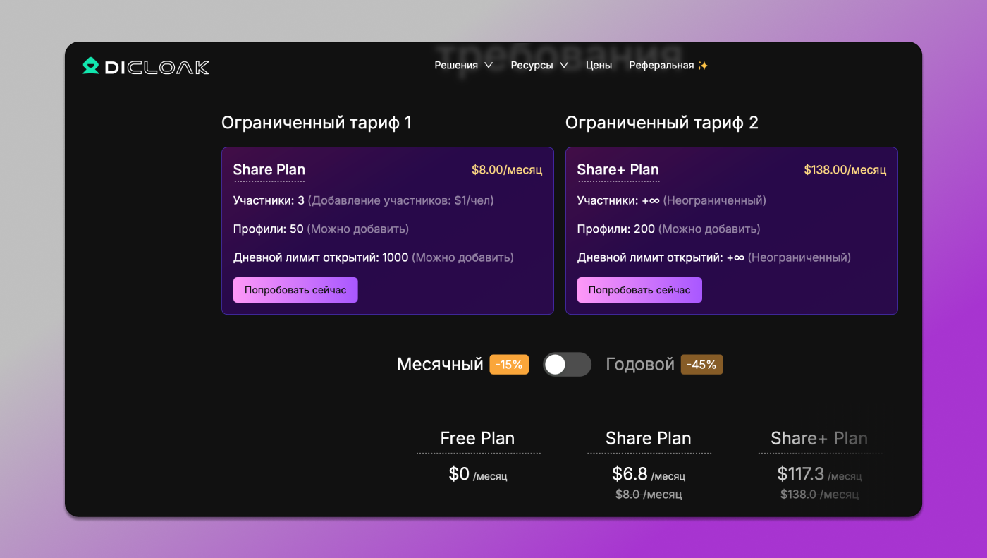 DlCloak Тарифы Dolphin Anty