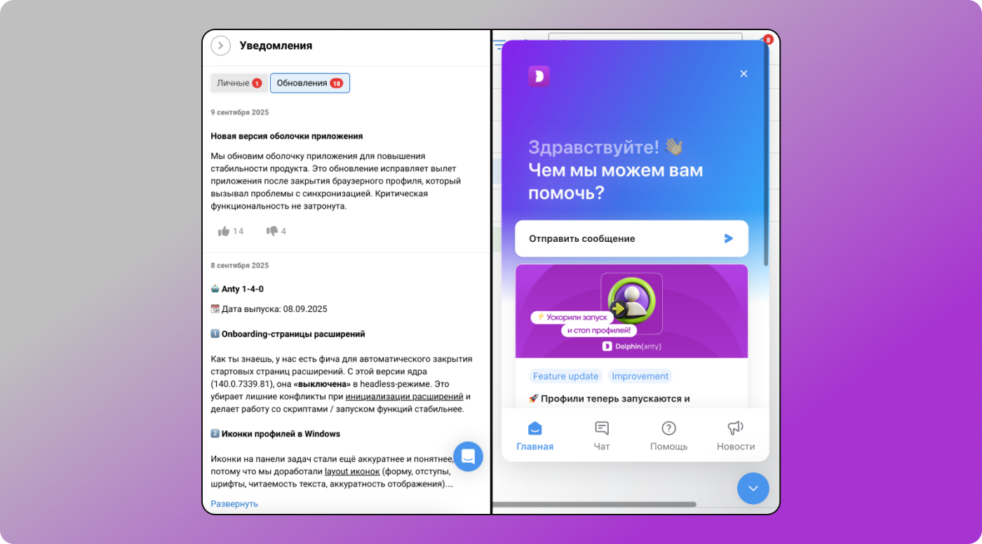 Уведомления и чат Dolphin Anty